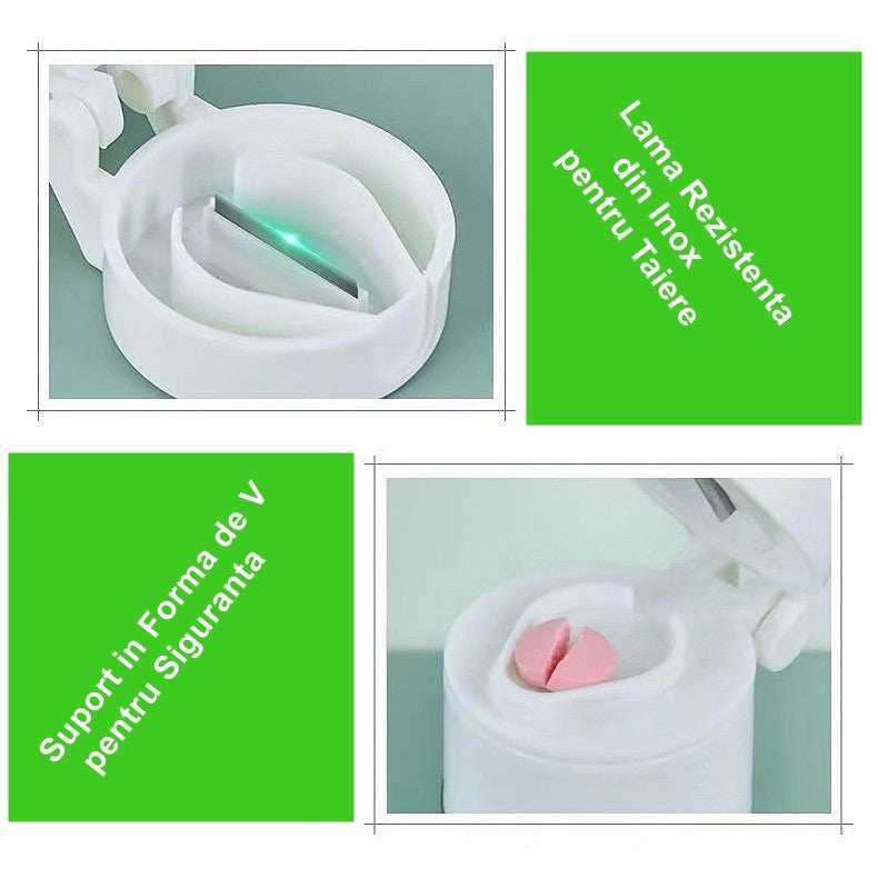 Cutie Pastile Multifunctionala, Flippy, 4 in 1, Pahar Apa, Taiere, Sfaramare, Depozitare, Compact, ABS cu Lama din