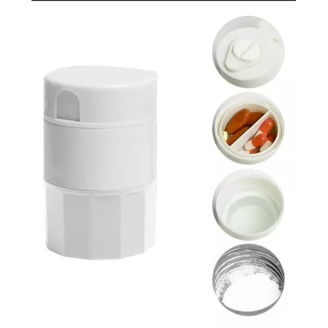 Cutie Pastile Multifunctionala, Flippy, 4 in 1, Pahar Apa, Taiere, Sfaramare, Depozitare, Compact, ABS cu Lama din