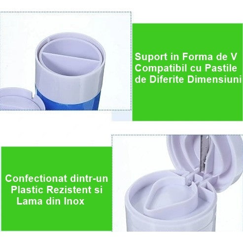 Cutie Pastile Multifunctionala, Flippy, 4 in 1, Pahar Apa, Taiere, Sfaramare, Depozitare, Compact, ABS cu Lama din