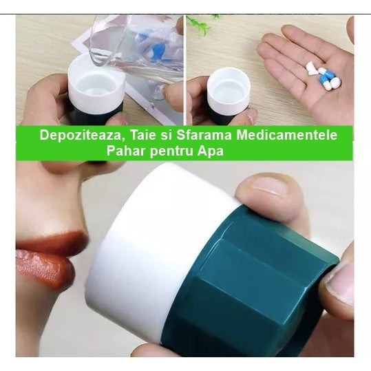 Cutie Pastile Multifunctionala, Flippy, 4 in 1, Pahar Apa, Taiere, Sfaramare, Depozitare, Compact, ABS cu Lama din