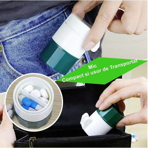 Cutie Pastile Multifunctionala, Flippy, 4 in 1, Pahar Apa, Taiere, Sfaramare, Depozitare, Compact, ABS cu Lama din