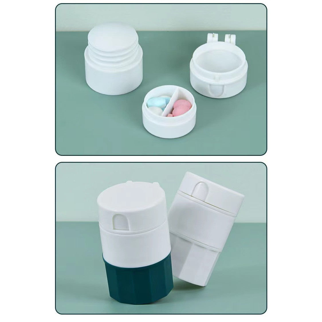 Cutie Pastile Multifunctionala, Flippy, 4 in 1, Pahar Apa, Taiere, Sfaramare, Depozitare, Compact, ABS cu Lama din