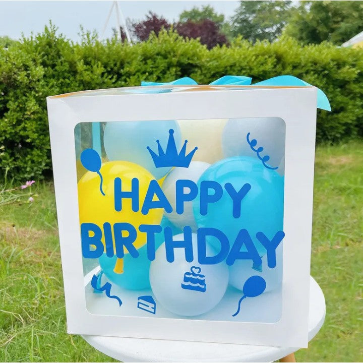 Cutie pentru Baloane, Flippy, Tematica Aniversare, Model Scris Happy Birthday, Baloane Albastre, Albe, Galbene si