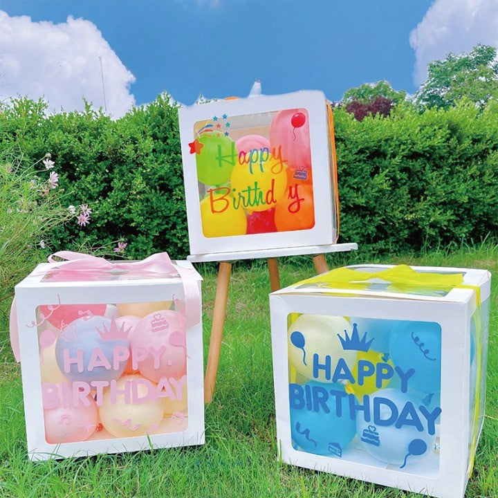 Cutie pentru Baloane, Flippy, Tematica Aniversare, Model Scris Happy Birthday, Baloane Albastre, Albe, Galbene si
