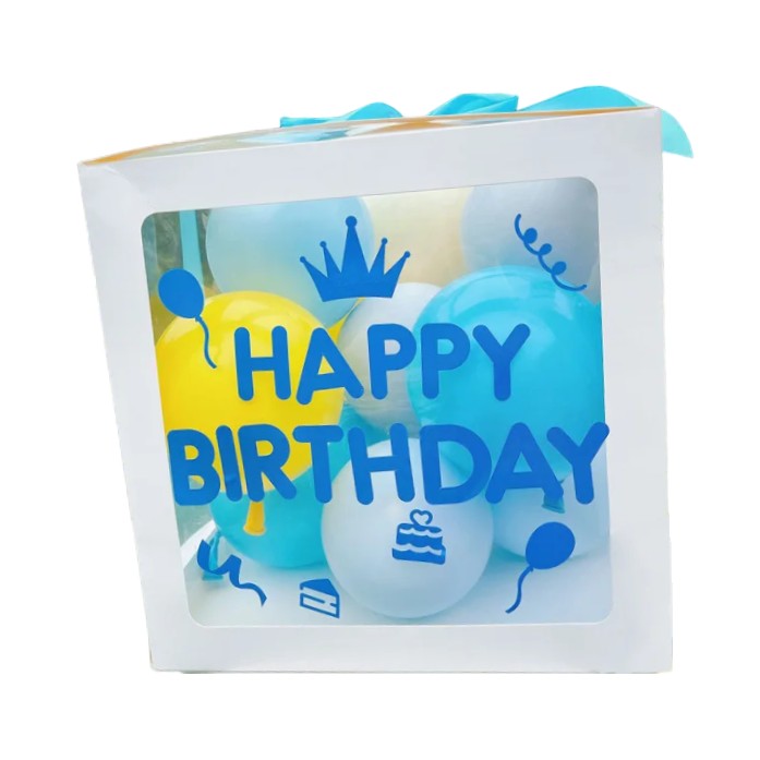 Cutie pentru Baloane, Flippy, Tematica Aniversare, Model Scris Happy Birthday, Baloane Albastre, Albe, Galbene si