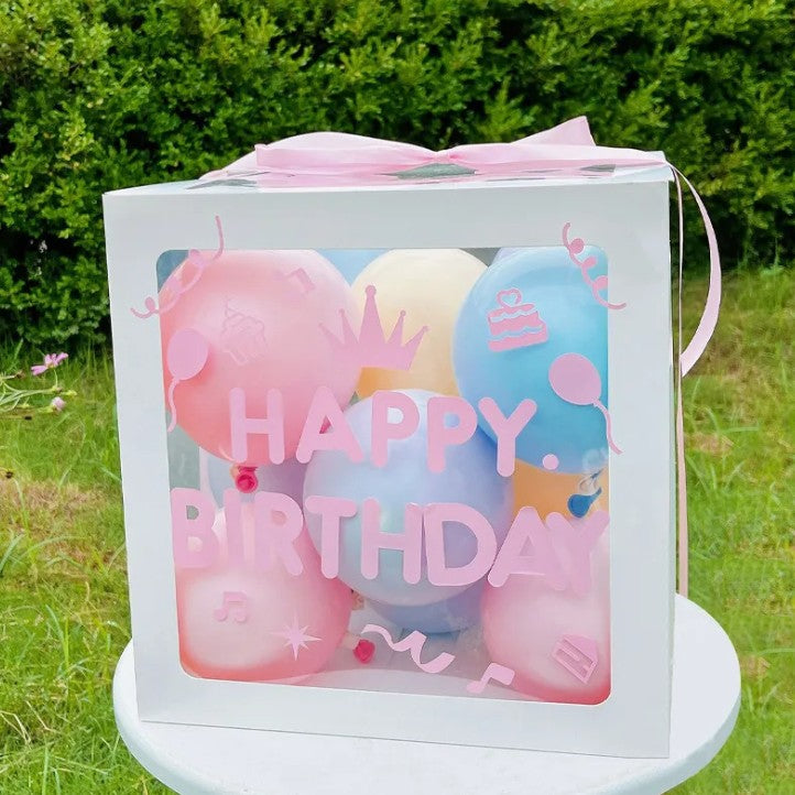 Cutie pentru Baloane, Flippy, Tematica Aniversare, Model Scris Happy Birthday, Baloane Albastre, Roz, Galbene si