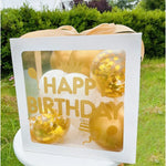 Cutie pentru Baloane, Flippy, Tematica Aniversare, Model Scris Happy Birthday, Baloane Aurii, Albe si Panglica Incluse,