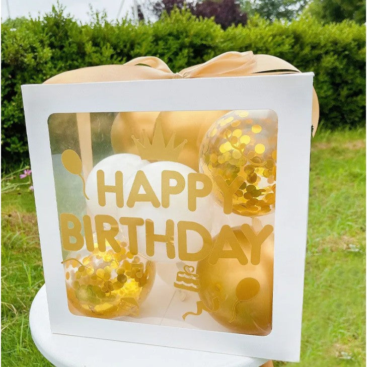 Cutie pentru Baloane, Flippy, Tematica Aniversare, Model Scris Happy Birthday, Baloane Aurii, Albe si Panglica Incluse,