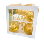 Cutie pentru Baloane, Flippy, Tematica Aniversare, Model Scris Happy Birthday, Baloane Aurii, Albe si Panglica Incluse,