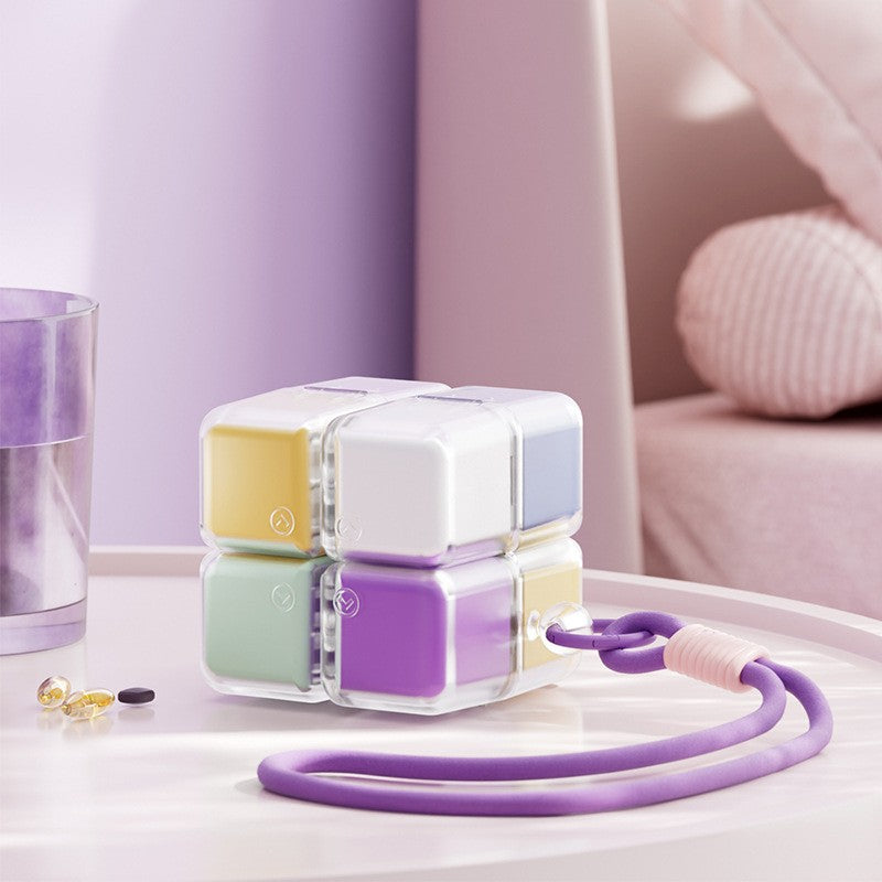 Cutie pentru Medicamente, Flippy, Model Rubik' Cube, cu Curea de Agatare, Dozator Portabil de Medicamente, Dispenser