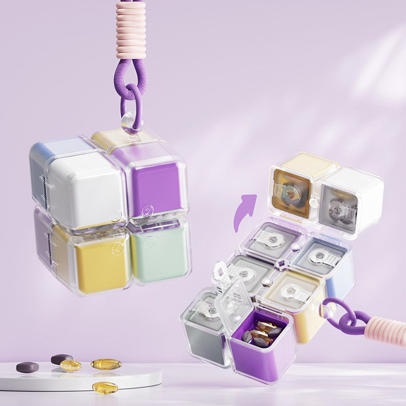 Cutie pentru Medicamente, Flippy, Model Rubik' Cube, cu Curea de Agatare, Dozator Portabil de Medicamente, Dispenser