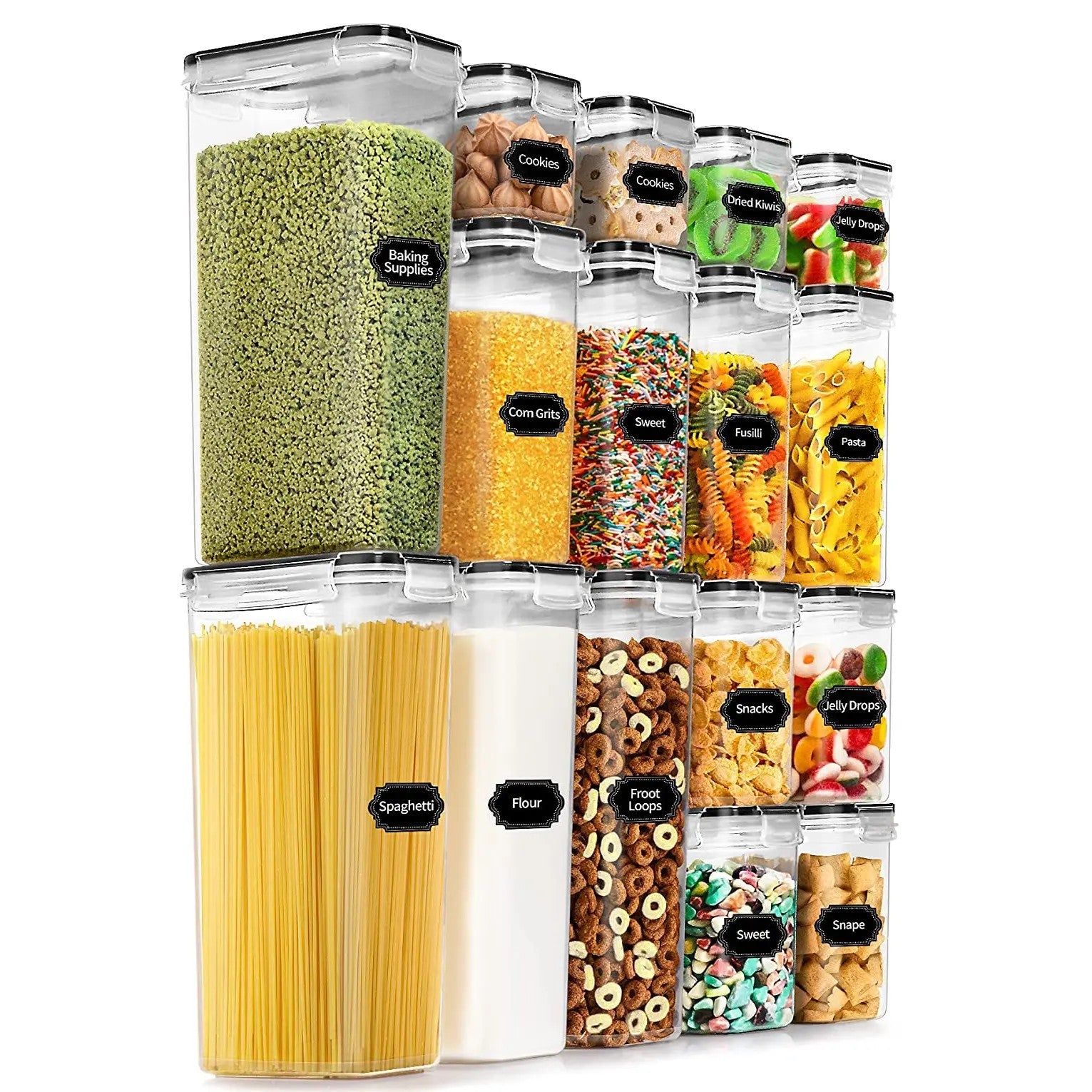 Cutii de depozitare alimente, Flippy, Set din 16 Cutii pentru Condimente, Cereale, Cutii pentru Bucatarie, din Plastic