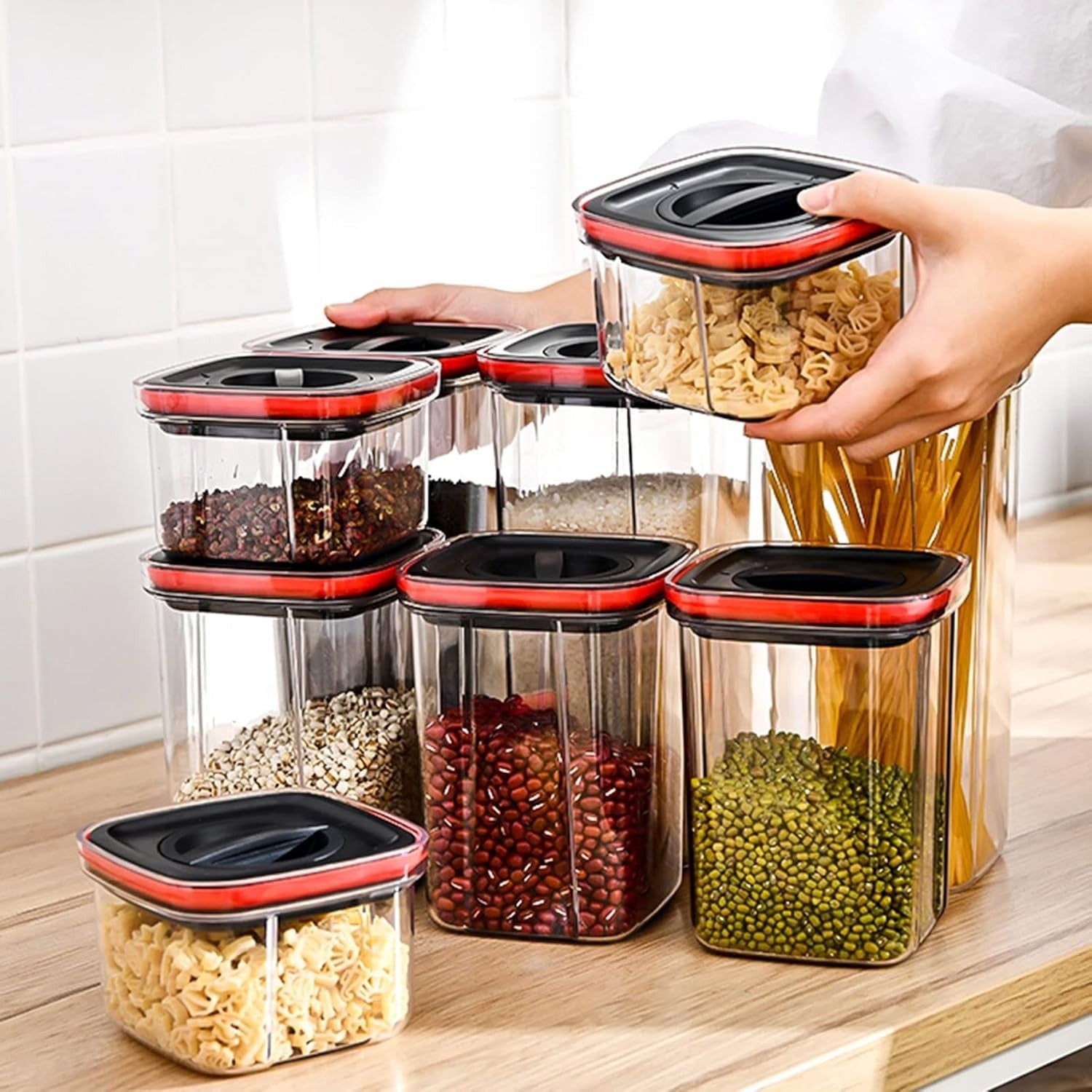 Cutii de Depozitare Alimente, Flippy, Set din 5 Cuti de tip Container, Recipiente pentru Cereale in Bucatarie,
