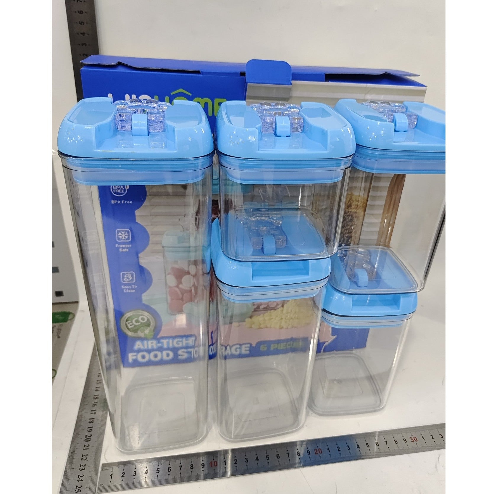 Set 5 Cutii de Depozitare Alimente, Flippy, 1 x 500ml, 2 x 800ml, 1 x 1200ml, 1 x 1900ml, Capac Albastru, din PP+PET,