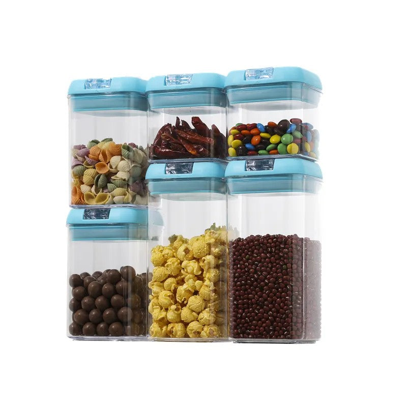 Set 6 Cutii de Depozitare Alimente, Flippy, 2 x 500ml, 2 x 800ml, 2 x 1200ml, Capac Albastru, din PP+PET, Inchidere