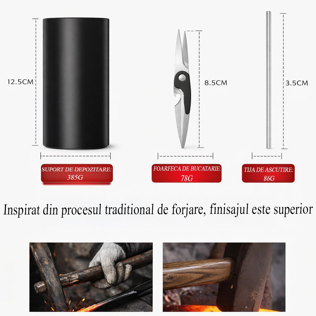 Cutite Bucatarie, Set 9 Piese, Flippy, Otel Inoxidabil cu Acoperire Antiaderenta, Suport Depozitare Inclus, 6 Cutite,