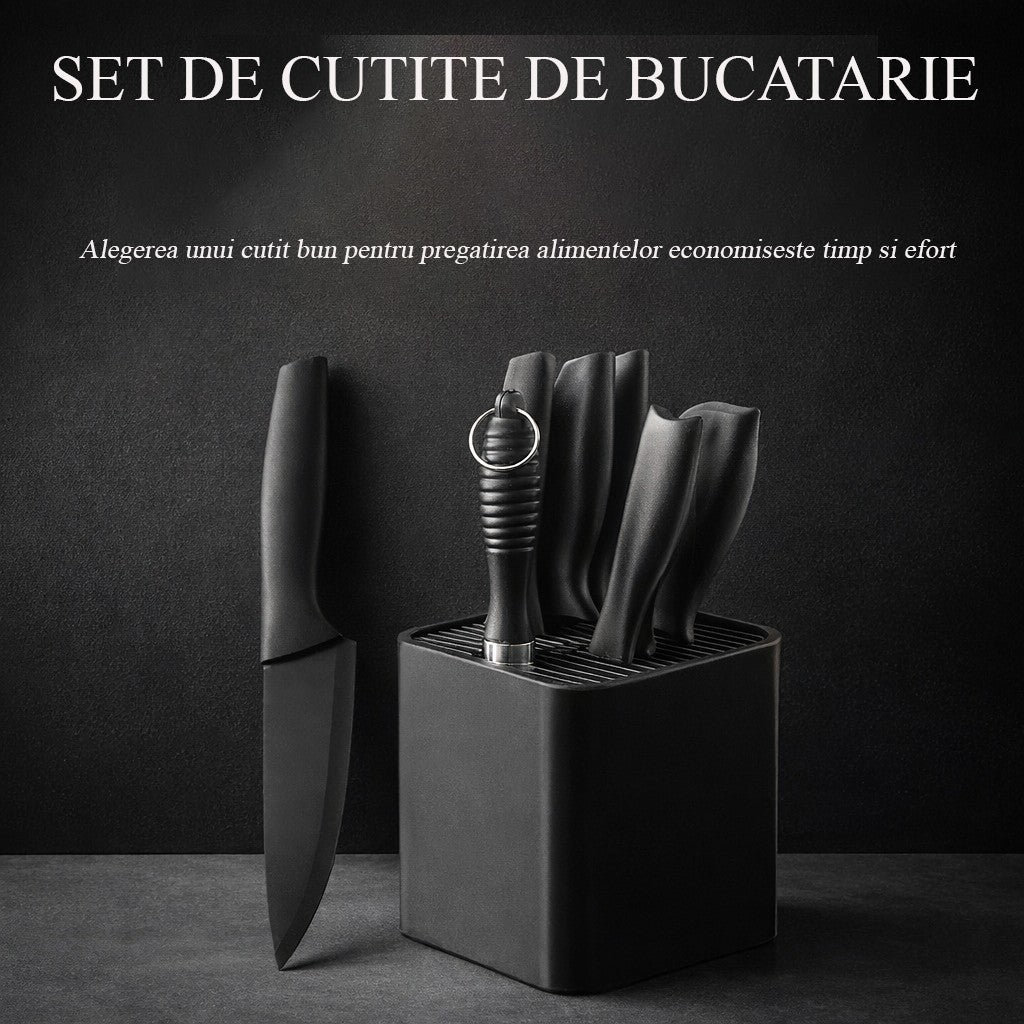 Cutite Bucatarie, Set 9 Piese, Flippy, Otel Inoxidabil cu Acoperire Antiaderenta, Suport Depozitare Inclus, 6 Cutite,