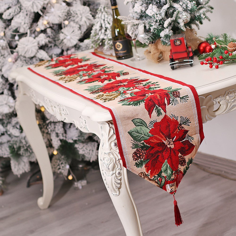 Traversa de Masa pentru Craciun, Flippy, Napron, din Material Tricotat cu Tesatura Groasa, Model Flori Rosii, cu Colt