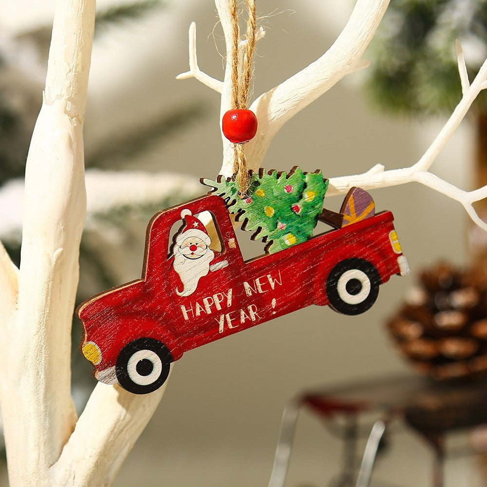 Decoratiune de Craciun din Lemn, Flippy, cu Snur pentru Agatare in Brad, Model Masina lui Mos Craciun, Scris Happy New