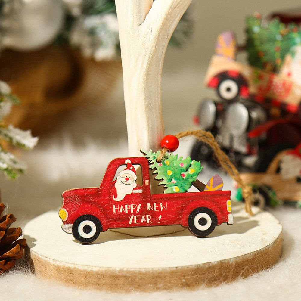 Decoratiune de Craciun din Lemn, Flippy, cu Snur pentru Agatare in Brad, Model Masina lui Mos Craciun, Scris Happy New