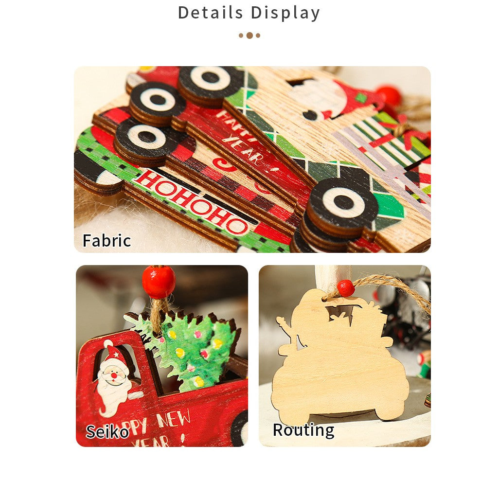 Decoratiune de Craciun din Lemn, Flippy, cu Snur pentru Agatare in Brad, Model Masina lui Mos Craciun, Scris Merry