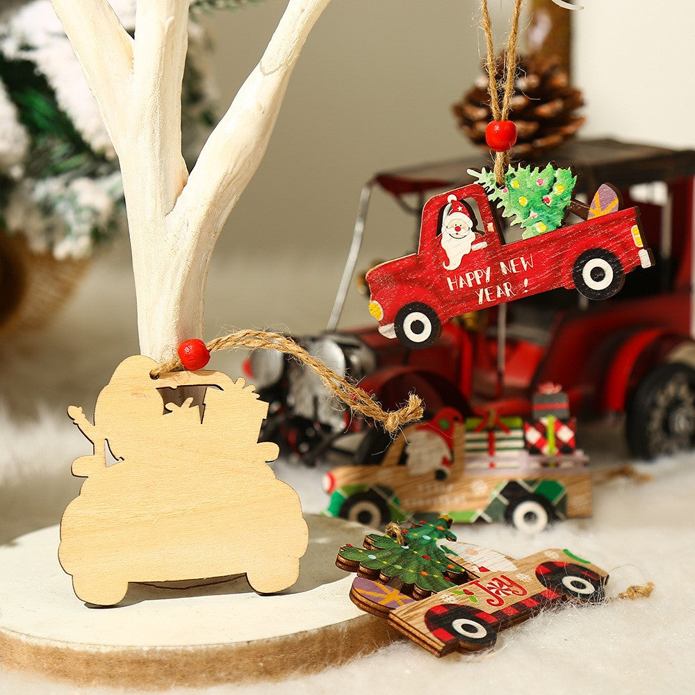 Decoratiune de Craciun din Lemn, Flippy, cu Snur pentru Agatare in Brad, Model Masina lui Mos Craciun, Scris Merry