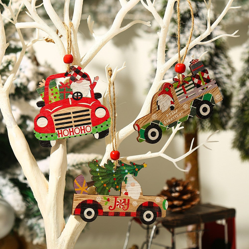 Decoratiune de Craciun din Lemn, Flippy, cu Snur pentru Agatare in Brad, Model Masina lui Mos Craciun, Scris Joy,