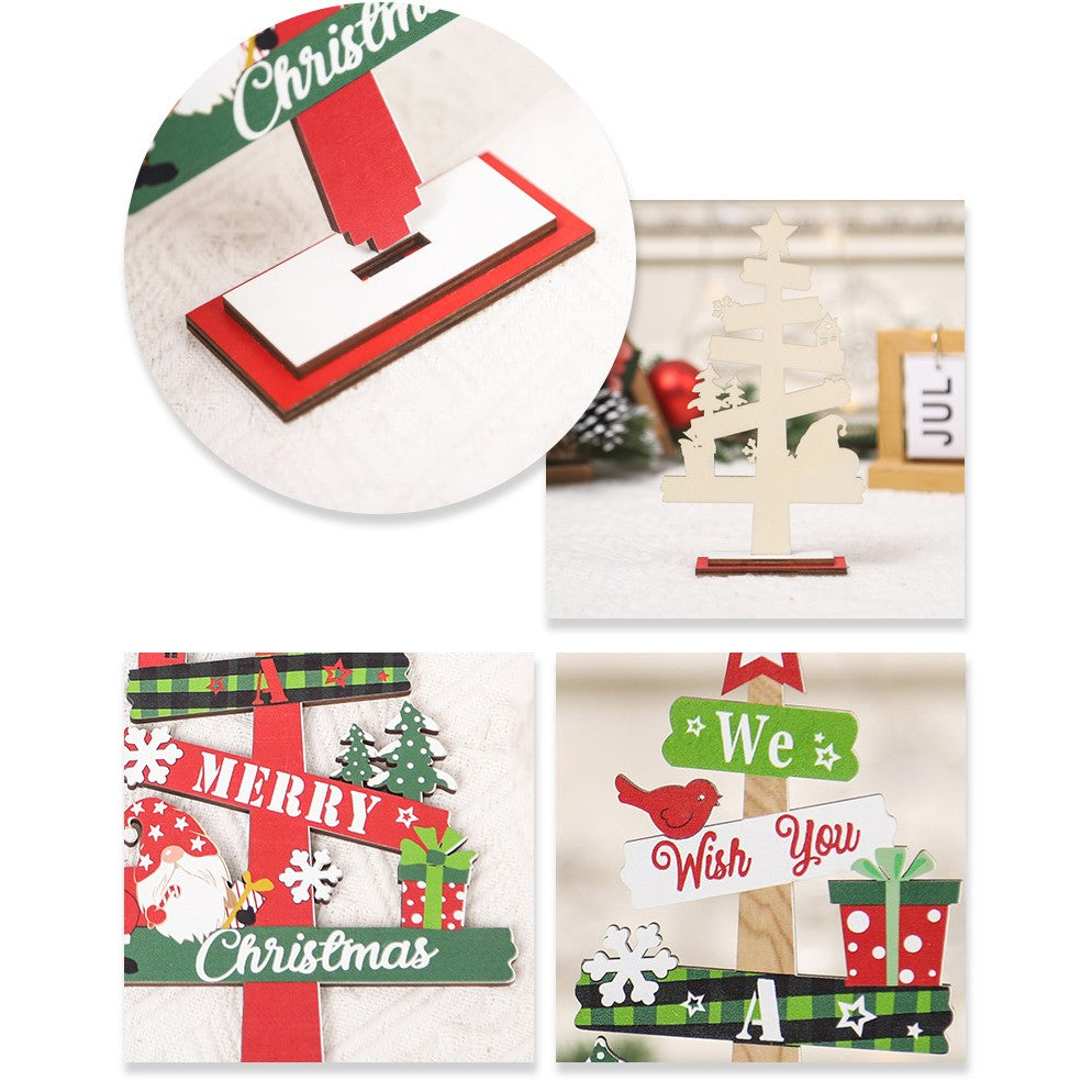 Decoratiune de Craciun din Lemn, Flippy, pentru Masa, Scris We Wish You A Merry Christmas, Model Bradut, 21.5x12.2x4