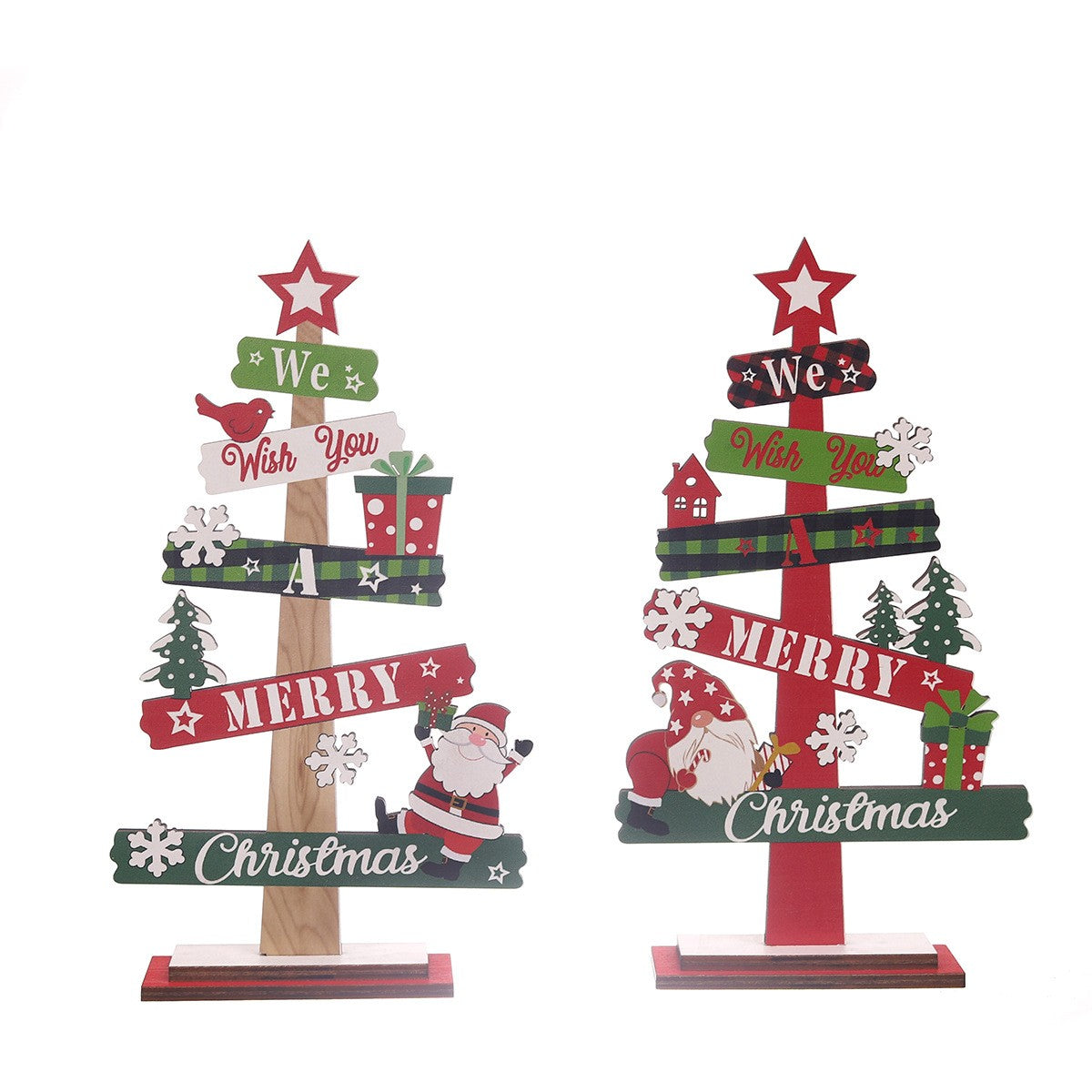 Decoratiune de Craciun din Lemn, Flippy, pentru Masa, Scris We Wish You A Merry Christmas, Model Bradut, 21.5x12.2x4
