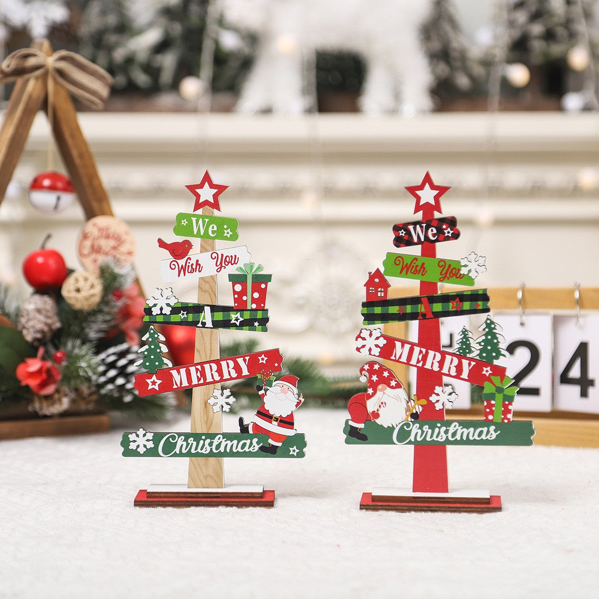 Decoratiune de Craciun din Lemn, Flippy, pentru Masa, Scris We Wish You A Merry Christmas, Model Bradut, 21.5x12.2x4