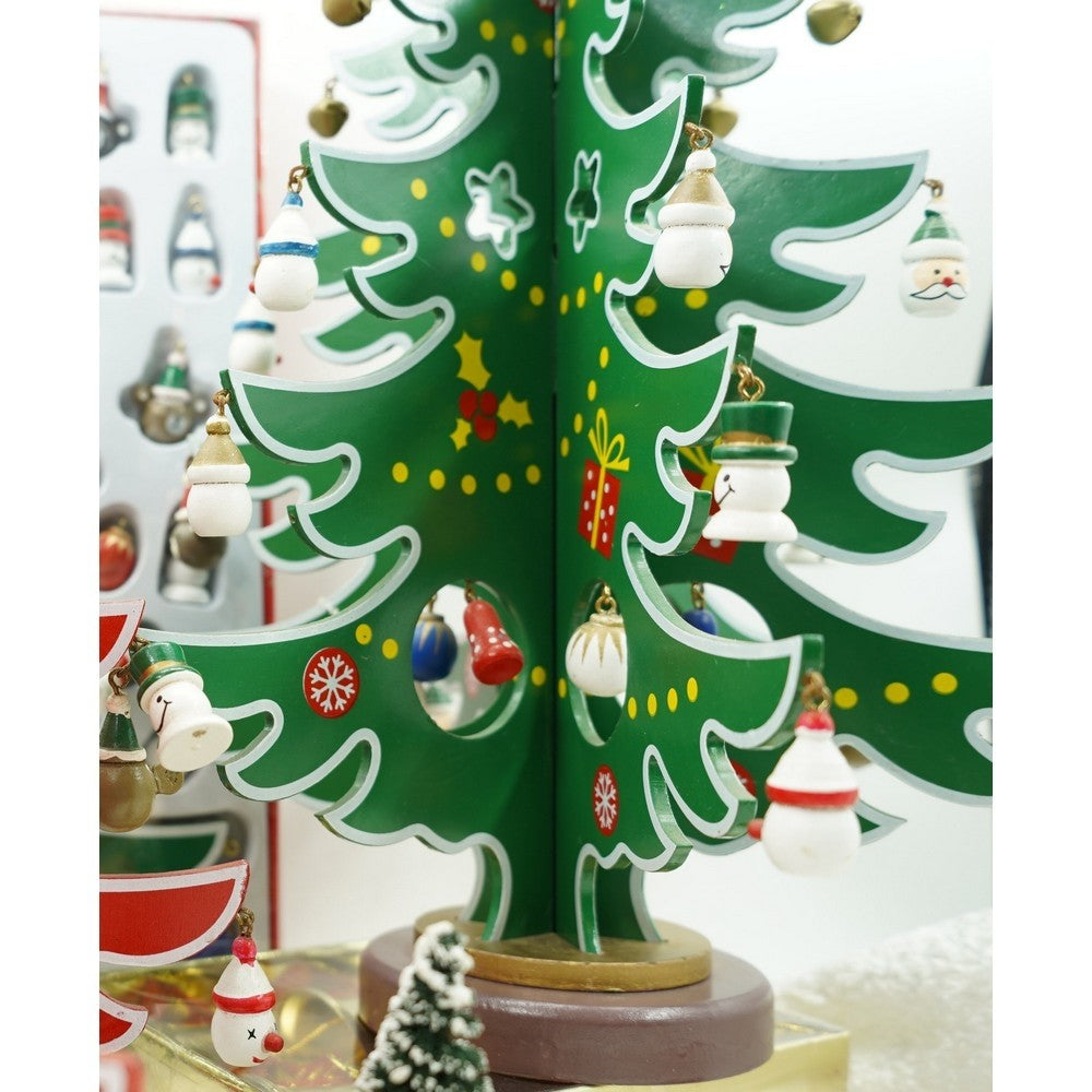 Decoratiune Craciun, Brad, Verde/Alb, 15 cavitati cu ornamente, 25.5 cm x 33 cm, Lemn, Flippy