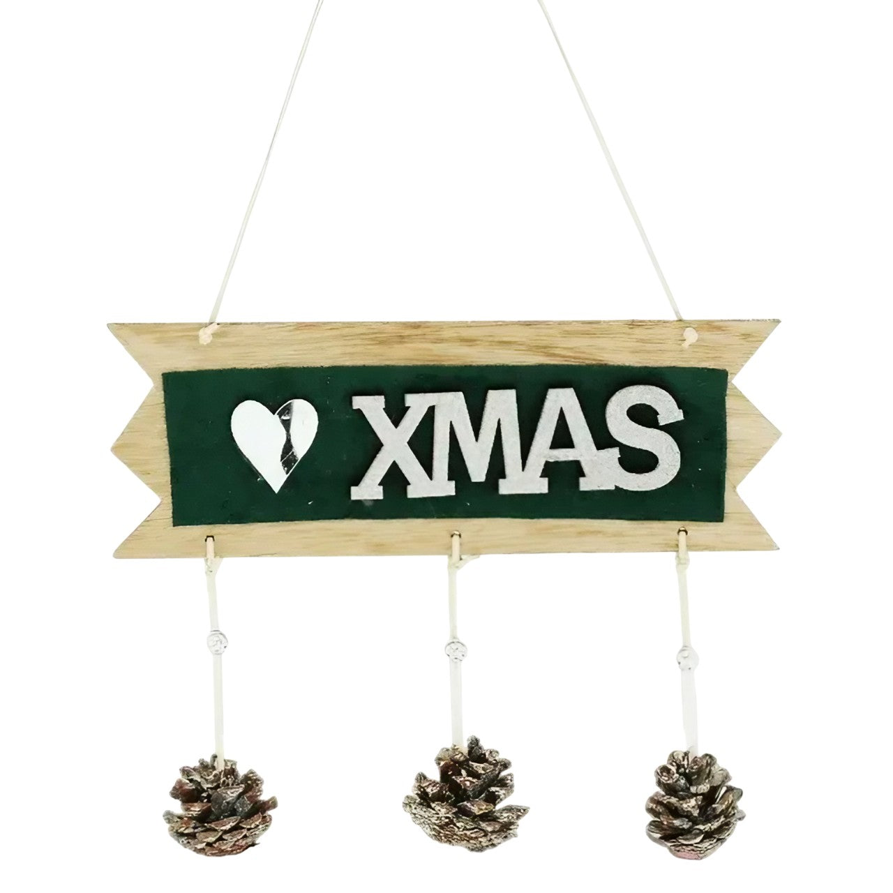Decoratiune Craciun din Lemn, Flippy, Model Scris Xmas, Conuri Atarnate, cu Inimioara 25x9 cm, pentru Brad sau Usa,