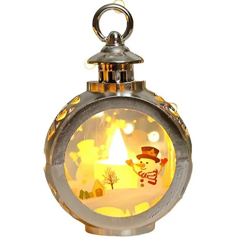 Decoratiune Craciun tip Felinare cu baterii, 13.5 x 9 cm,Lumanare cu geam si inscriptie om de zapada,lumina alb