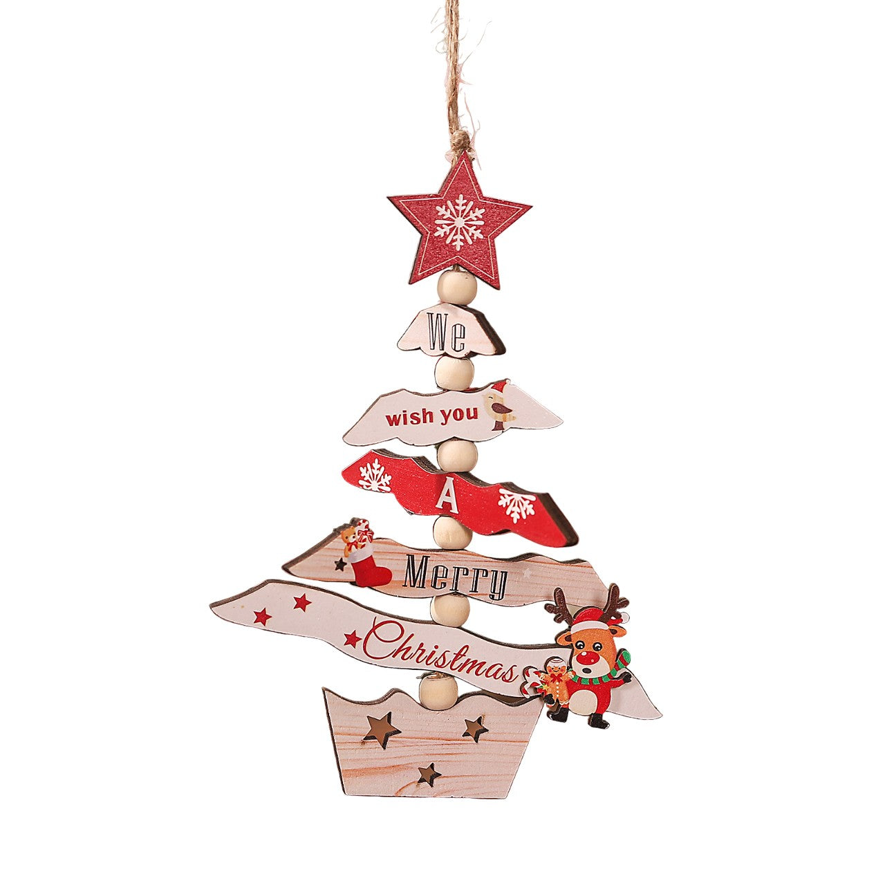 Decoratiune de Craciun din Lemn, Flippy, cu Snur pentru Agatare in Brad, Model Brad de Craciun si Ren, Scris We Wish