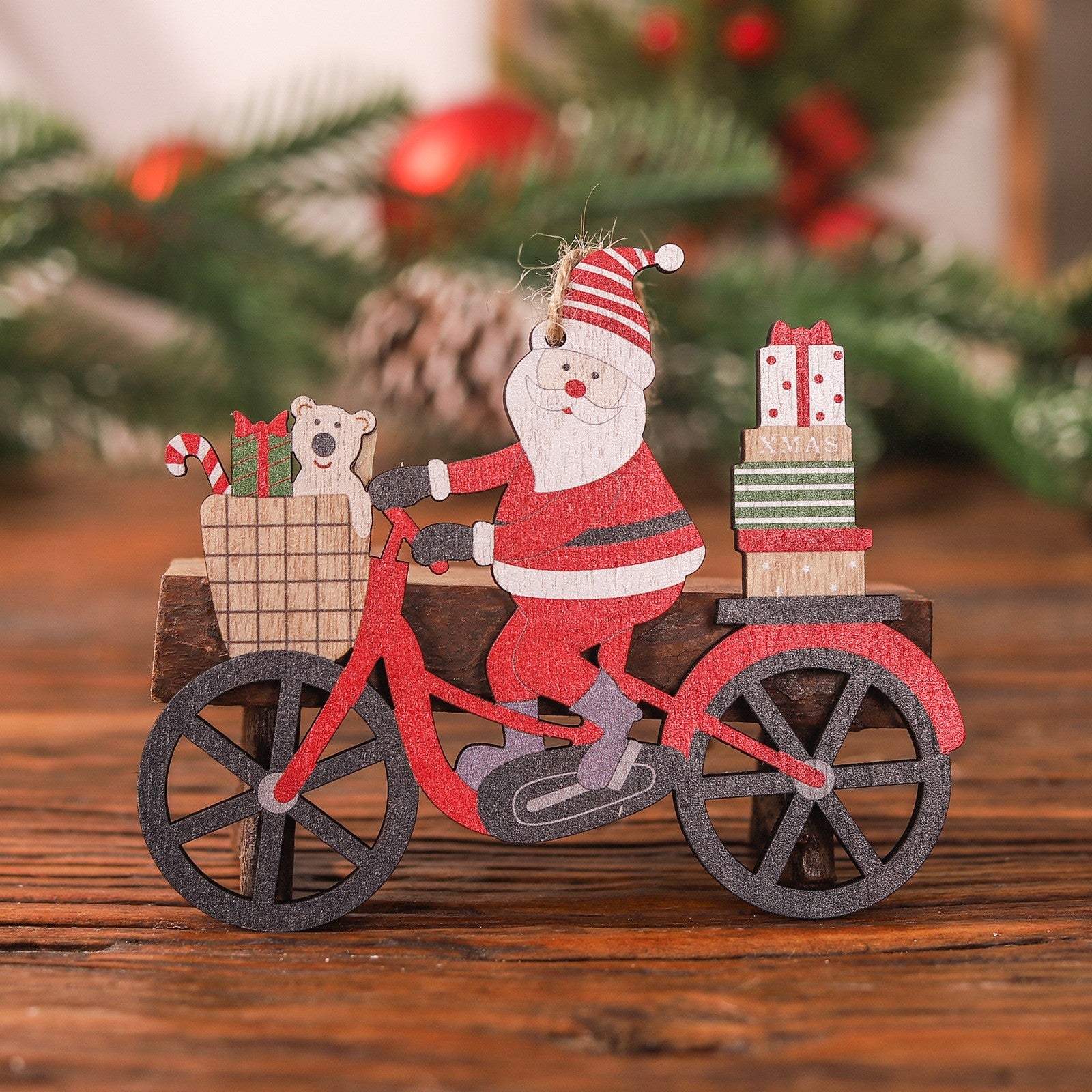 Decoratiune de Craciun din Lemn, Flippy, cu Snur pentru Agatare in Brad, Model Mos Craciun pe Bicicleta, 10.3x11.5x0.5
