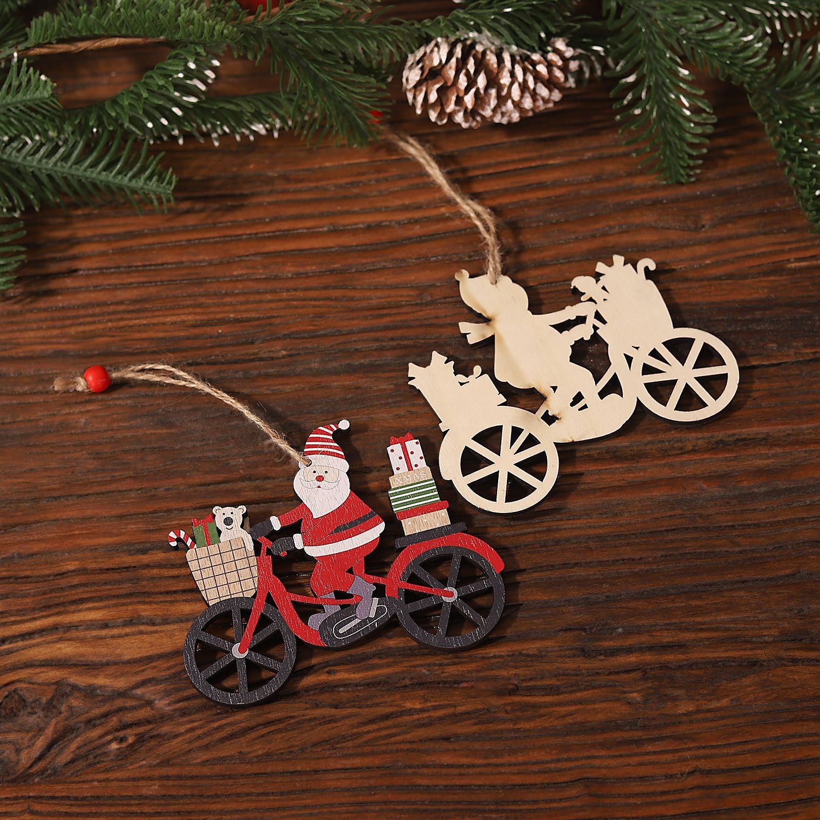 Decoratiune de Craciun din Lemn, Flippy, cu Snur pentru Agatare in Brad, Model Mos Craciun pe Bicicleta, 10.3x11.5x0.5