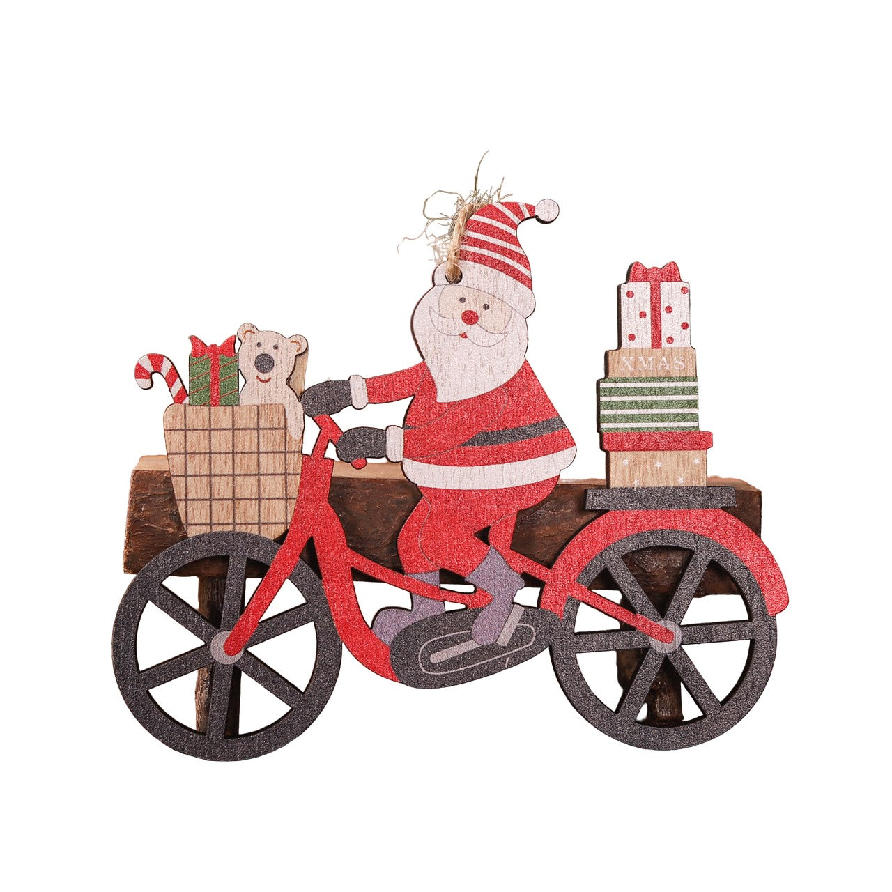 Decoratiune de Craciun din Lemn, Flippy, cu Snur pentru Agatare in Brad, Model Mos Craciun pe Bicicleta, 10.3x11.5x0.5