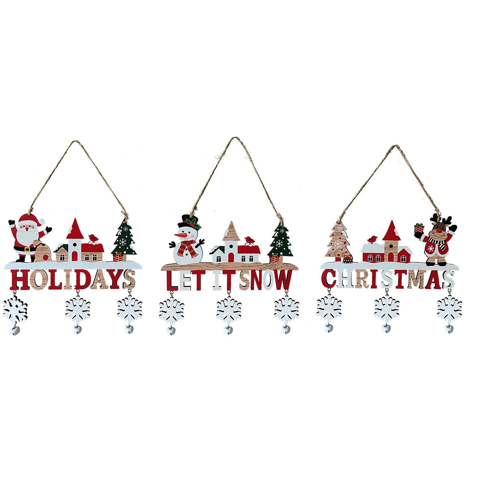 Decoratiune de Craciun din Lemn, Flippy, cu Snur pentru Agatare in Brad, Model Mos Craciun, Scris Let It Snow, 21.9x19