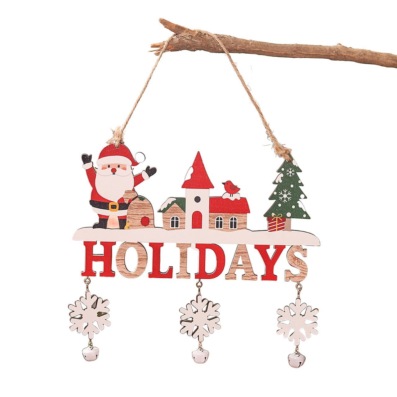 Decoratiune de Craciun din Lemn, Flippy, cu Snur pentru Agatare in Brad, Model Mos Craciun, Scris Let It Snow, 21.9x19