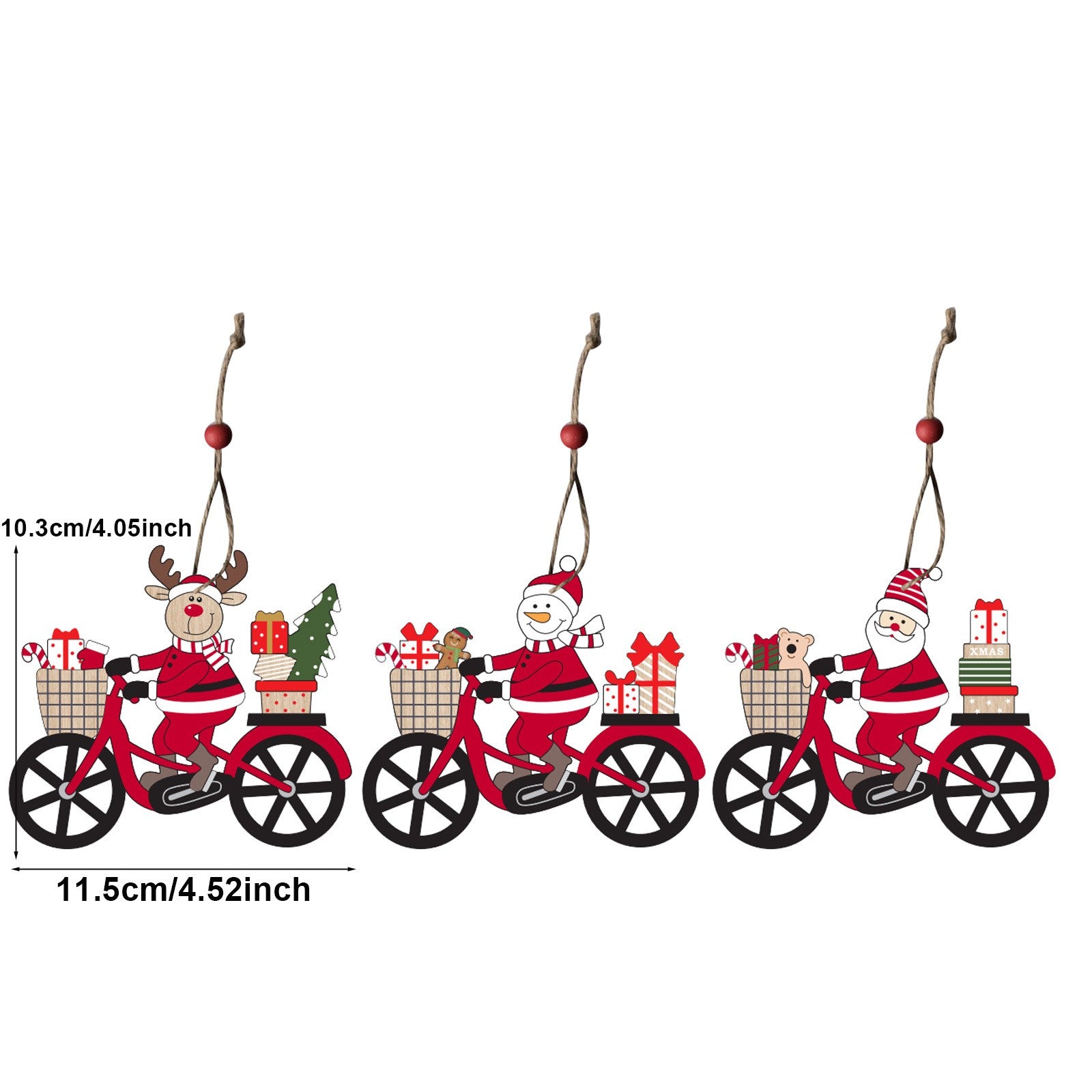 Decoratiune de Craciun din Lemn, Flippy, cu Snur pentru Agatare in Brad, Model Om de Zapada pe Bicicleta, 10.3x11.5x0.5