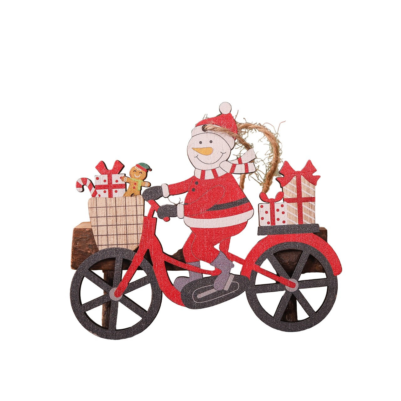 Decoratiune de Craciun din Lemn, Flippy, cu Snur pentru Agatare in Brad, Model Om de Zapada pe Bicicleta, 10.3x11.5x0.5