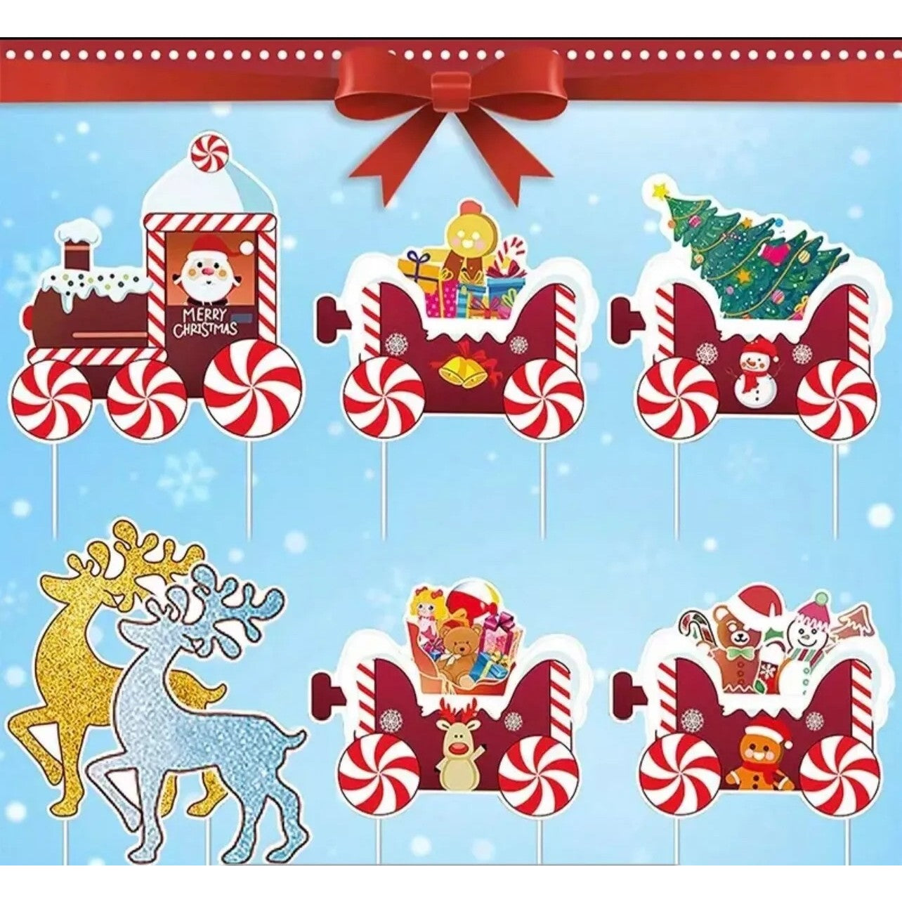 Decoratiune de Craciun, Flippy, pentru Gradina, Tip Trenulet, 7 Figurine + Bete de Infipt in Pamant, din Plastic,