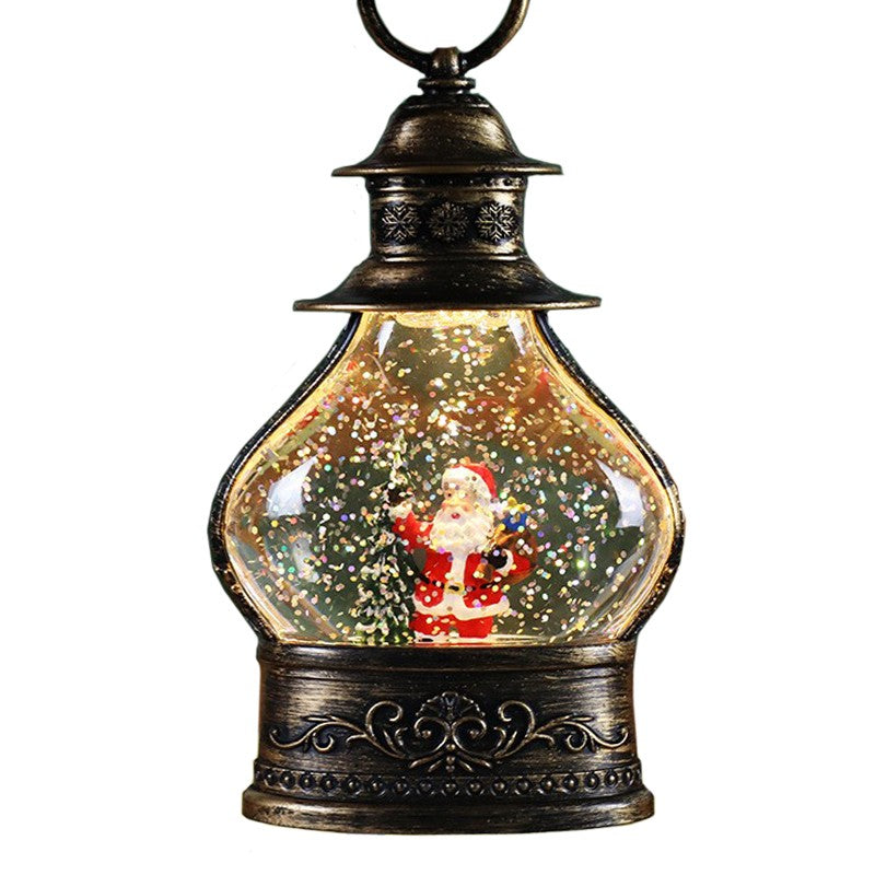Decoratiune de Craciun tip Felinar, Flippy, Glob de Cristal cu Fulgi de Zapada, Model Mos Craciun, Ornamentat cu