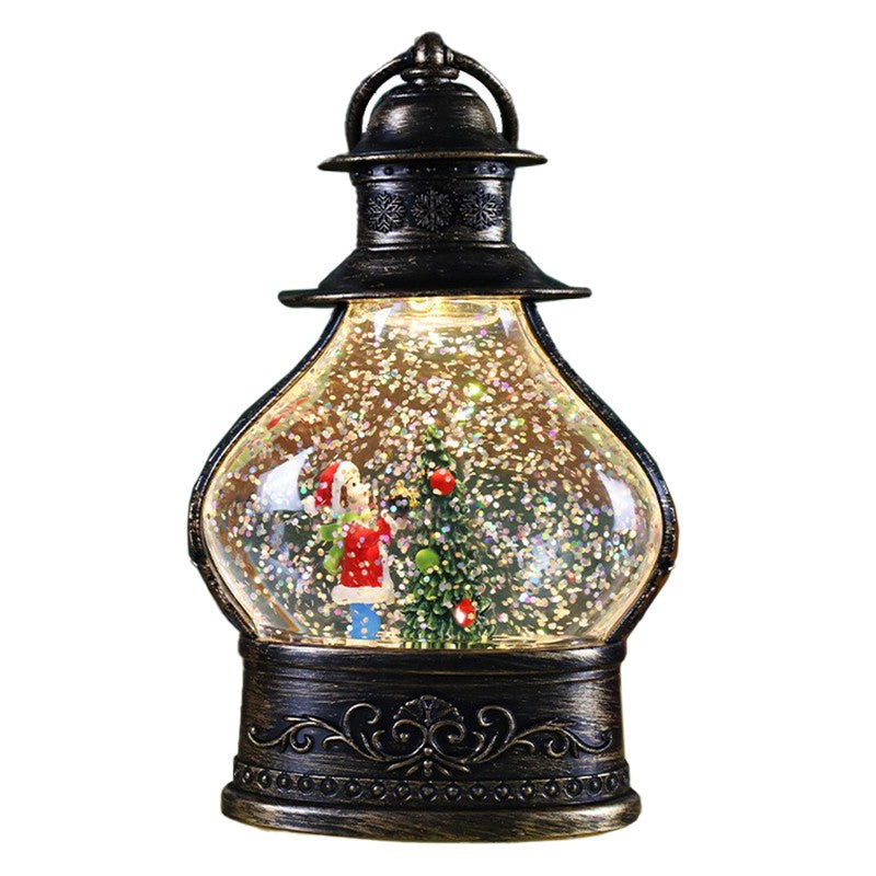 Decoratiune de Craciun tip Felinar, Flippy, Glob de Cristal cu Fulgi de Zapada, Model Elf, Ornamentat cu Luminite