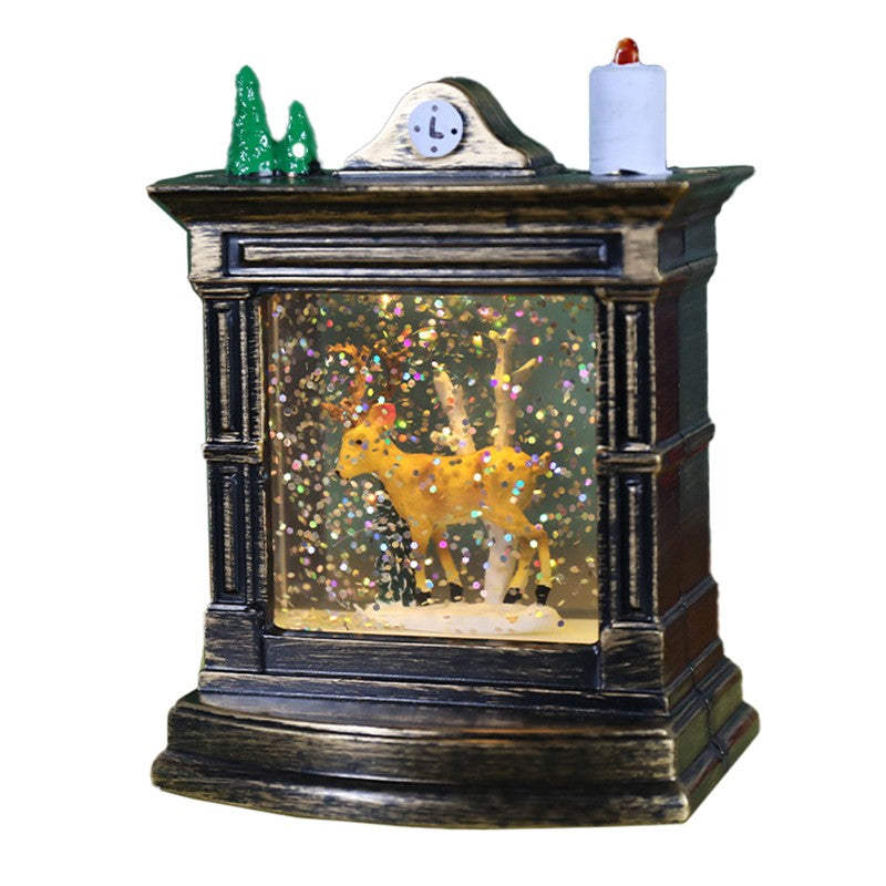 Decoratiune de Craciun tip Semineu / Ceas, Flippy, Glob de Cristal cu Fulgi de Zapada, Model Ren, Iluminare LED, 11.5 x