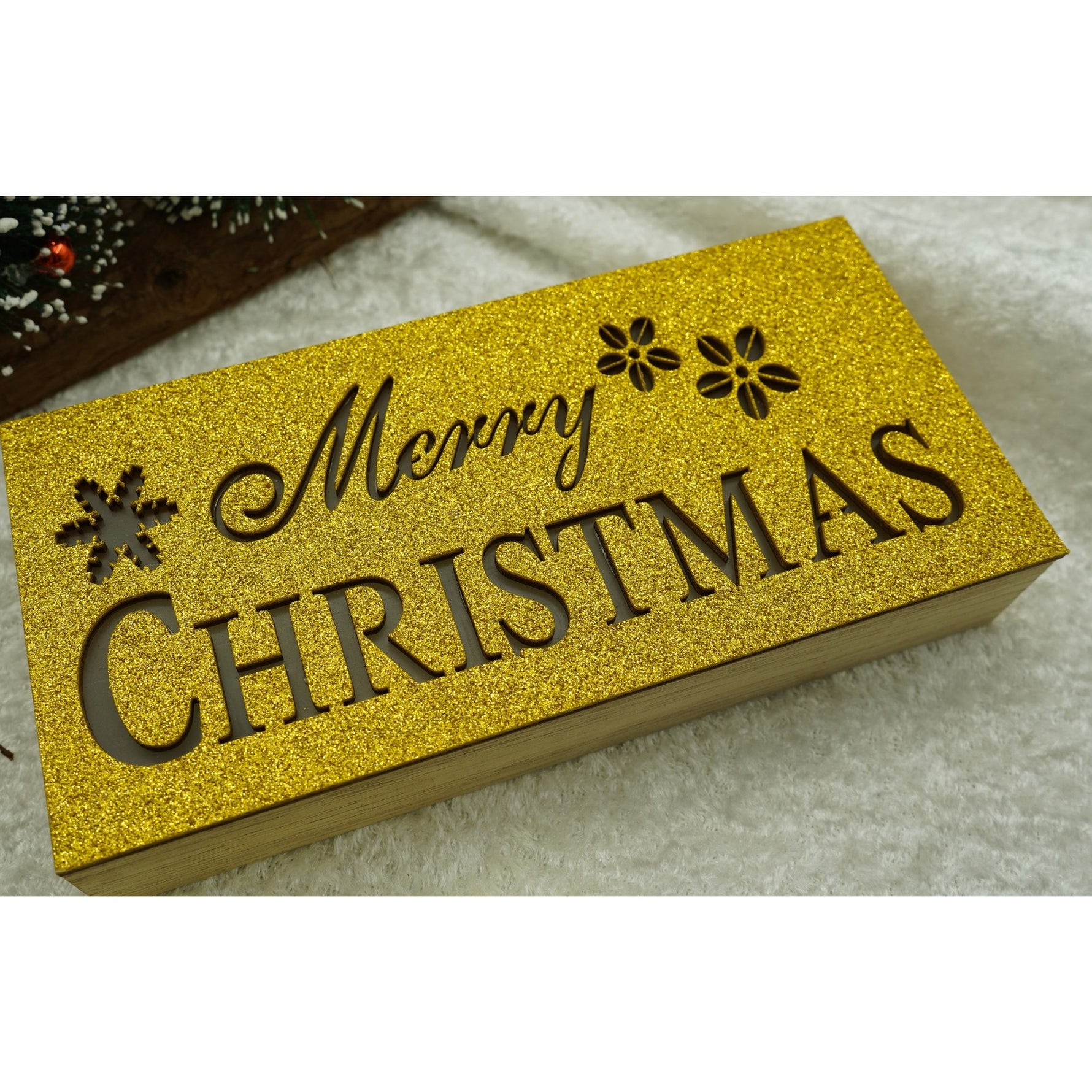 Decoratiune luminoasa, Flippy, Marry Christmas, galben, lungime: 19 cm, latime: 9 cm, inaltime: 4 cm, lemn,