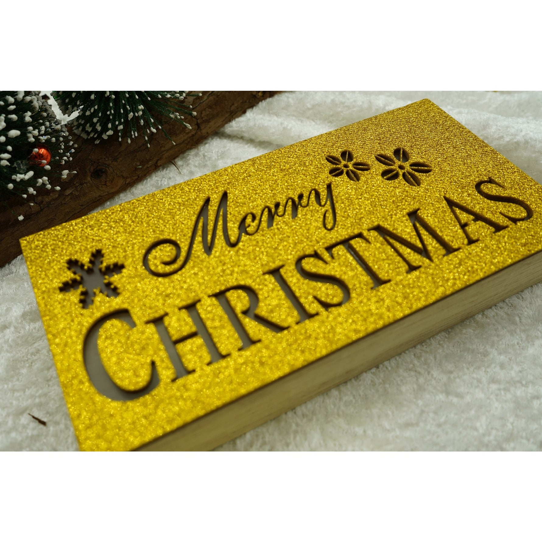 Decoratiune luminoasa, Flippy, Marry Christmas, galben, lungime: 19 cm, latime: 9 cm, inaltime: 4 cm, lemn,