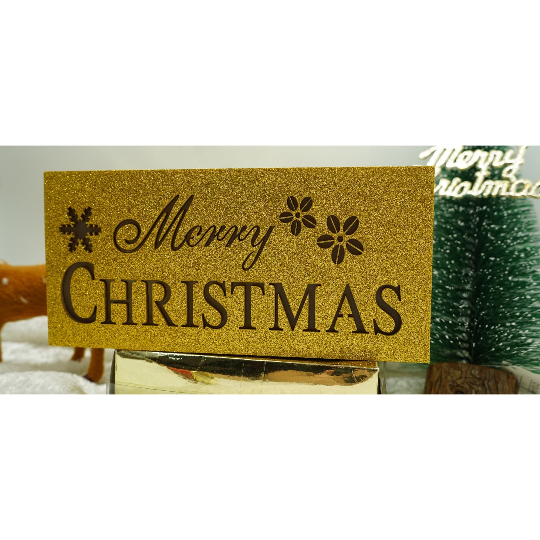 Decoratiune luminoasa, Flippy, Marry Christmas, galben, lungime: 19 cm, latime: 9 cm, inaltime: 4 cm, lemn,