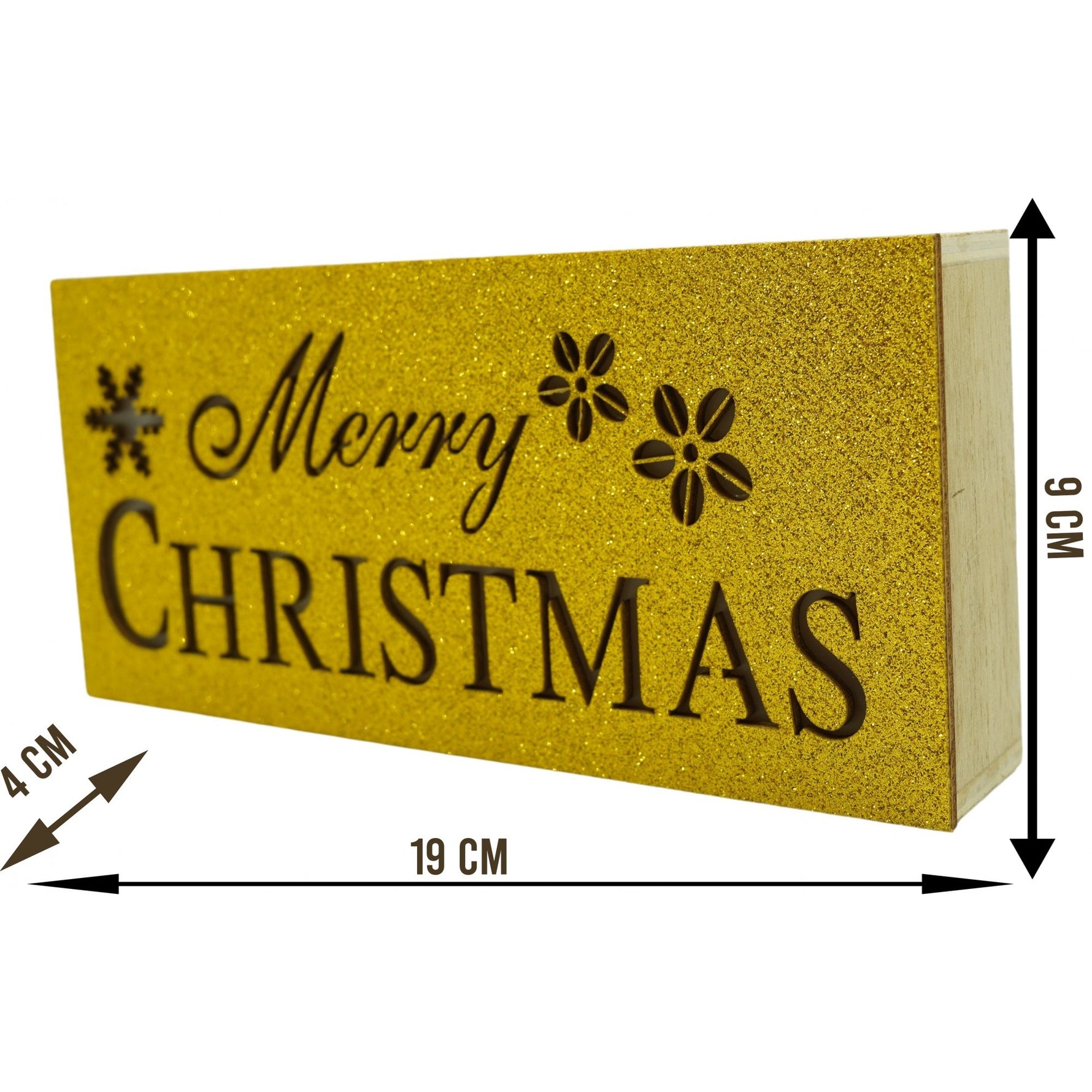 Decoratiune luminoasa, Flippy, Marry Christmas, galben, lungime: 19 cm, latime: 9 cm, inaltime: 4 cm, lemn,