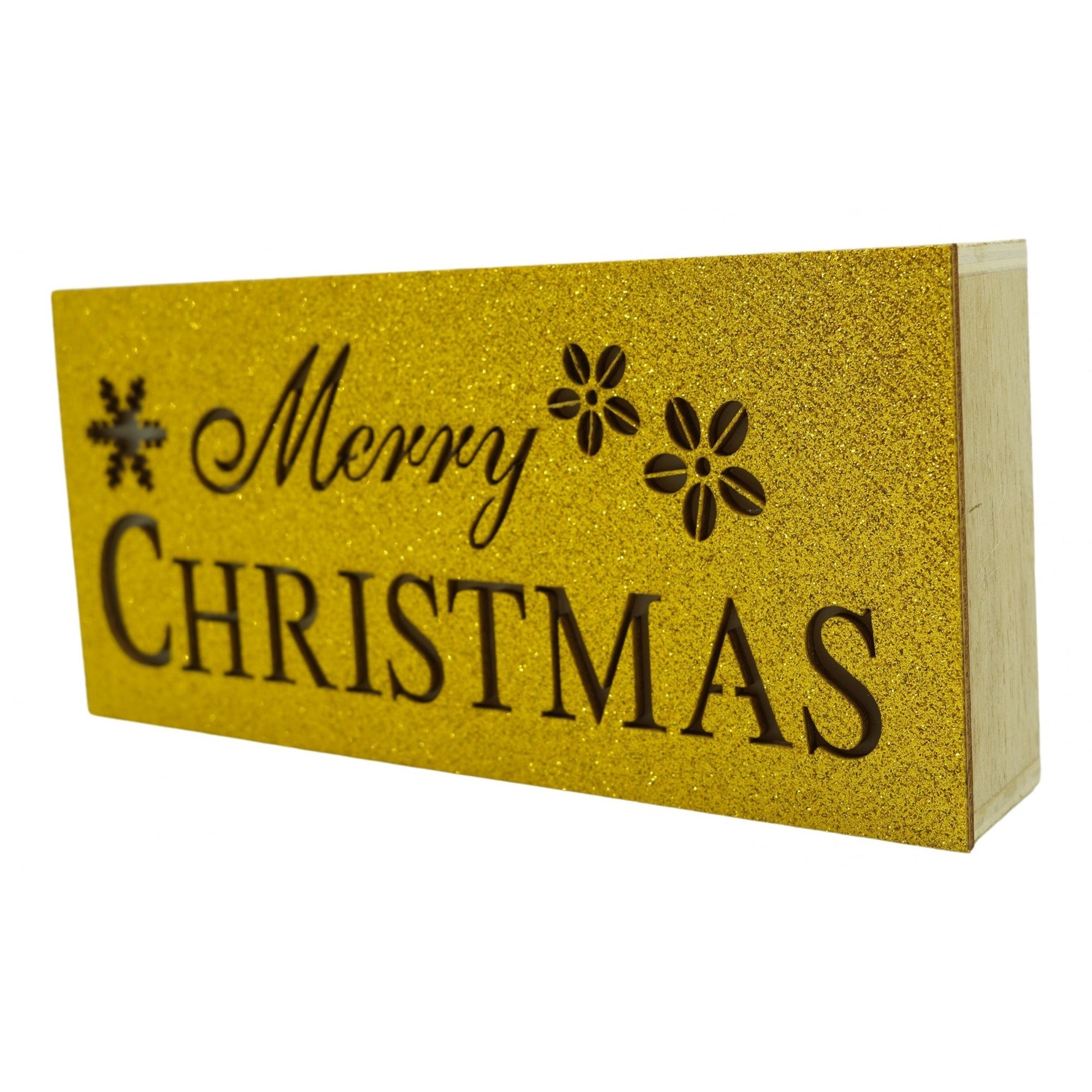 Decoratiune luminoasa, Flippy, Marry Christmas, galben, lungime: 19 cm, latime: 9 cm, inaltime: 4 cm, lemn,